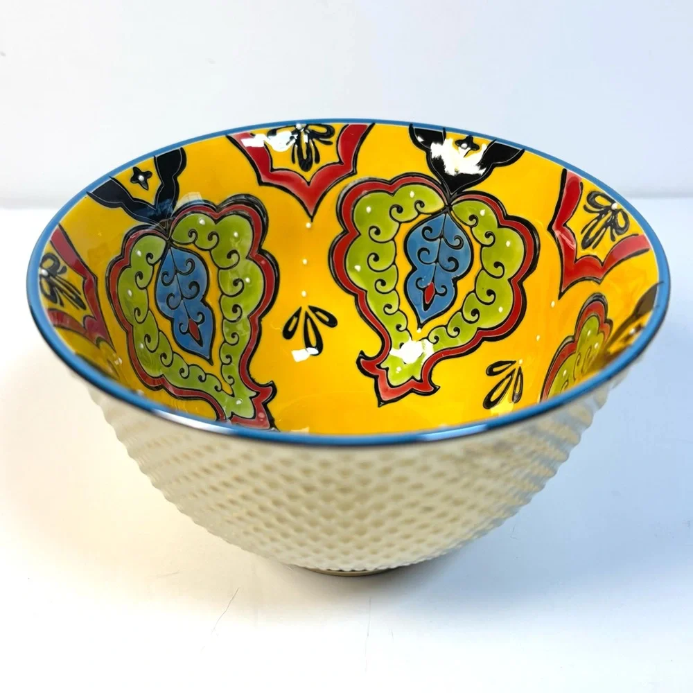 Boho Decorative Serving‎ Bowl Ramen Bowl Goldtone Colorful Porcelain Display